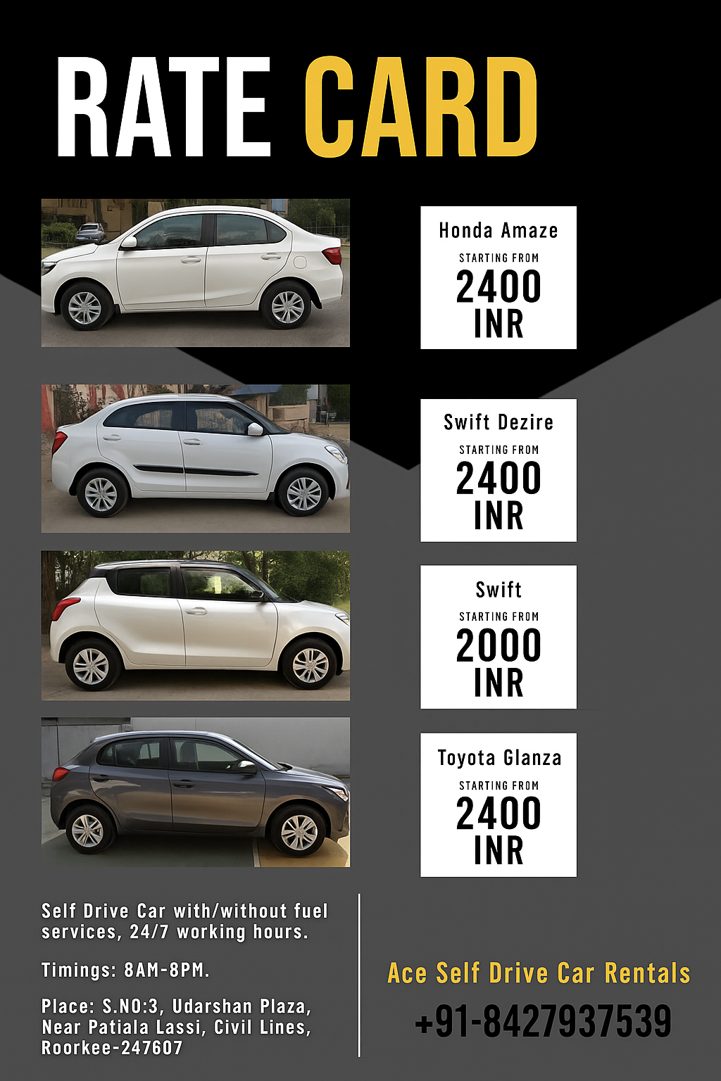 Ace Self Drive Car Rentals Rate Card